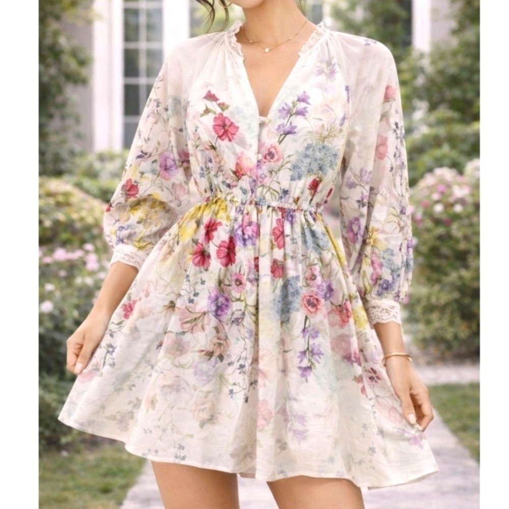 Let Me Be Cotton Long Sleeve Floral Cottage White Mini Dress Womens Size Small